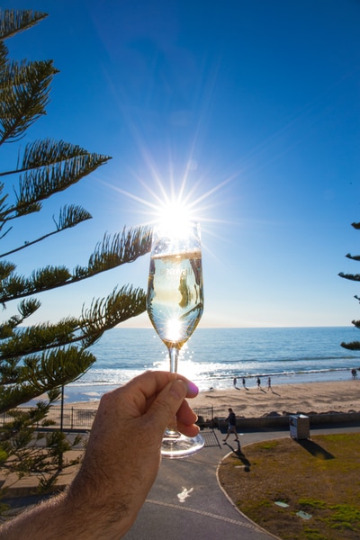 Sparkling wine at Seawall Apartments, Glenelg beach, Adelaide, South Australia